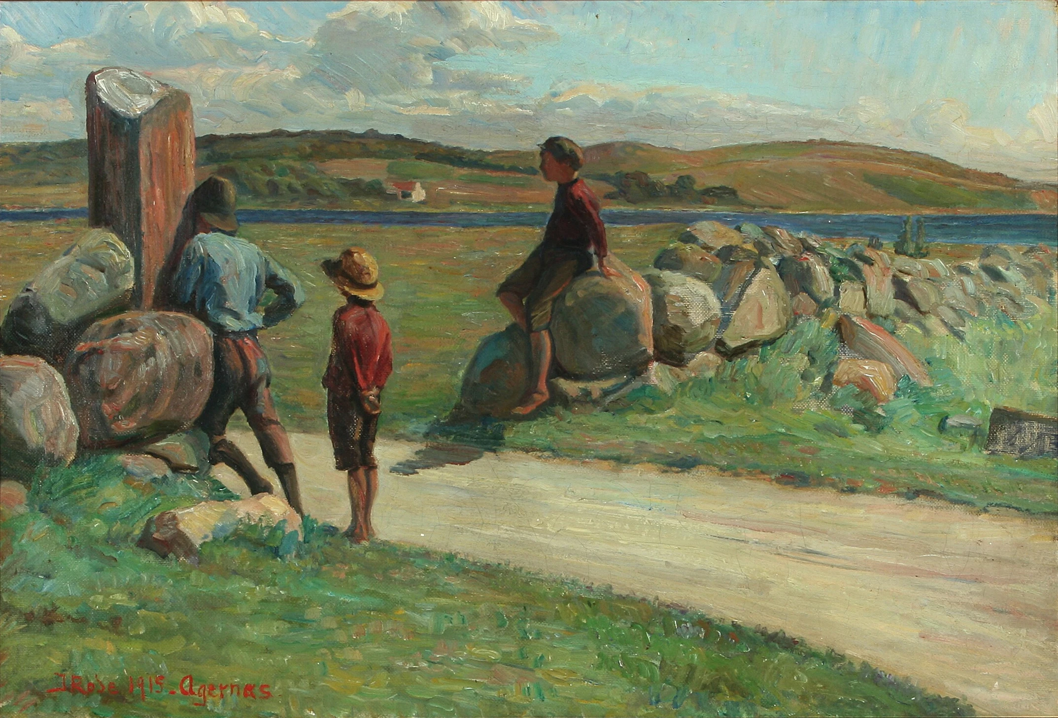 1865-Ingeborg Rode - Scena estiva ad Agernæs con ragazzi presso un muretto di pietra, 1915